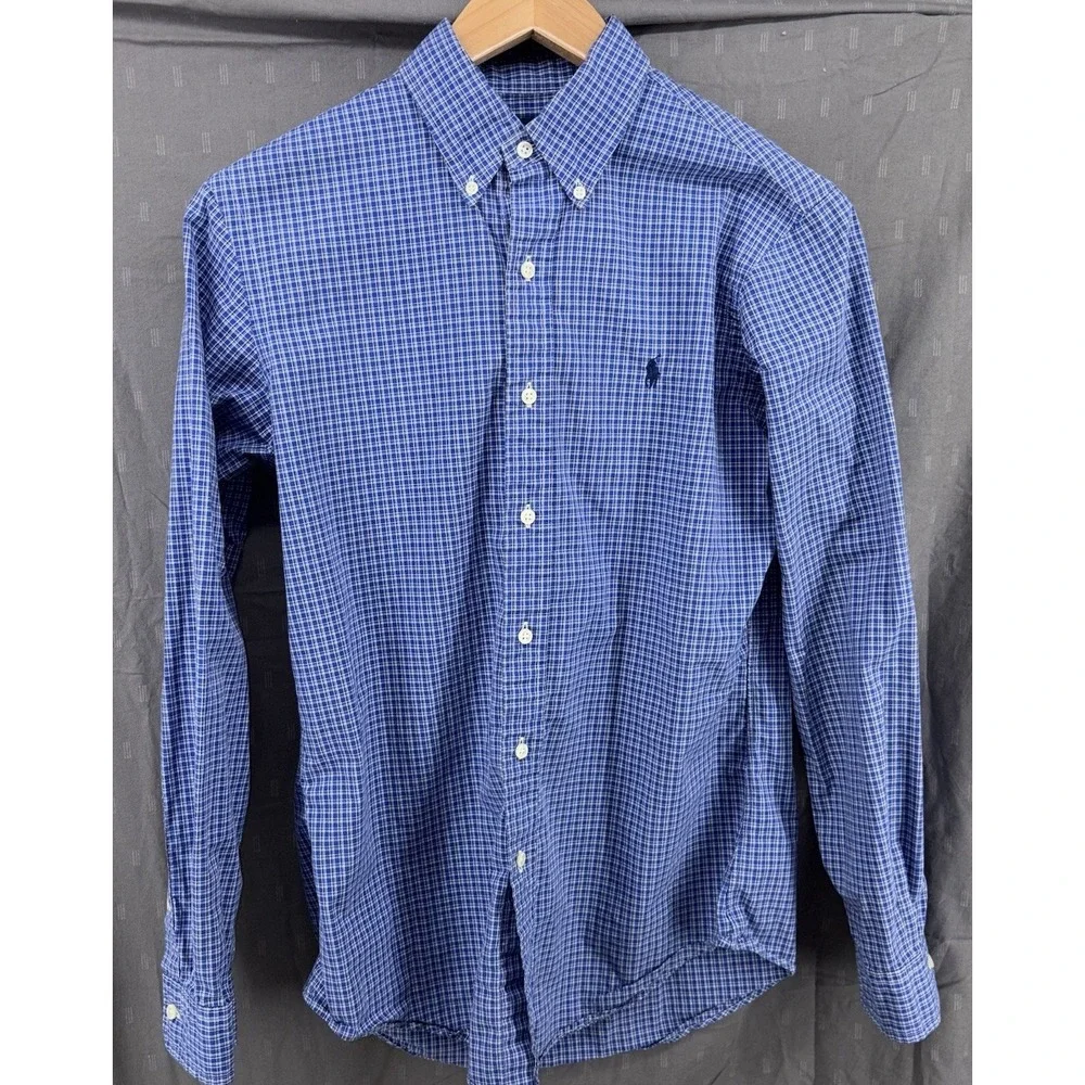 Polo Ralph Lauren Long Sleeve Button Down Blue‎ Plaid Mens Small Custom Fit